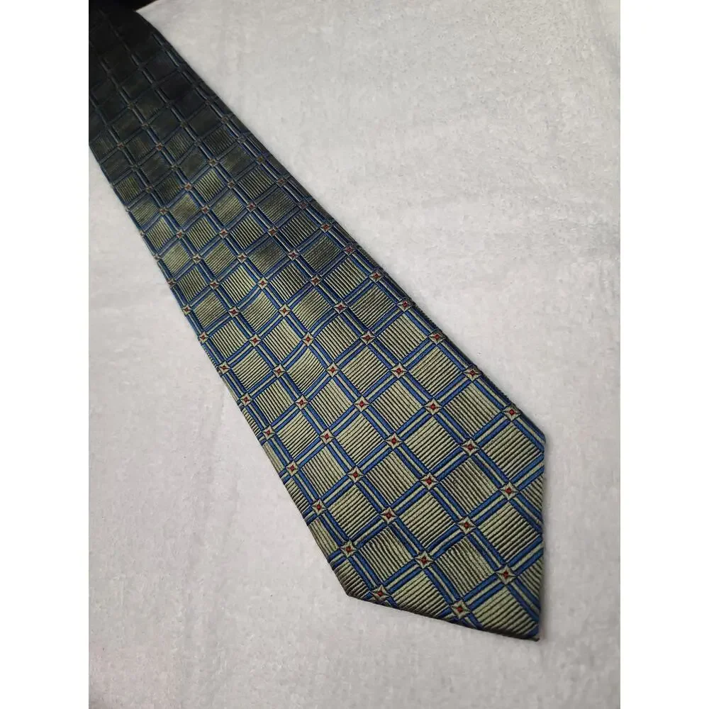 Jos. A. Bank green blue square geometric silk tie - 59